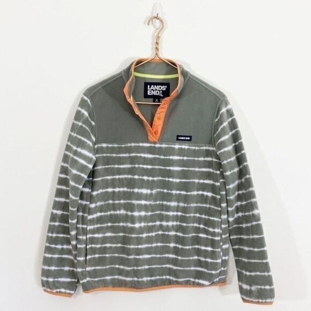 Lands End Womens Medium 10-12 Gray Snap Neck Fleece Pullover Sweatshirt‎ Tie Dye